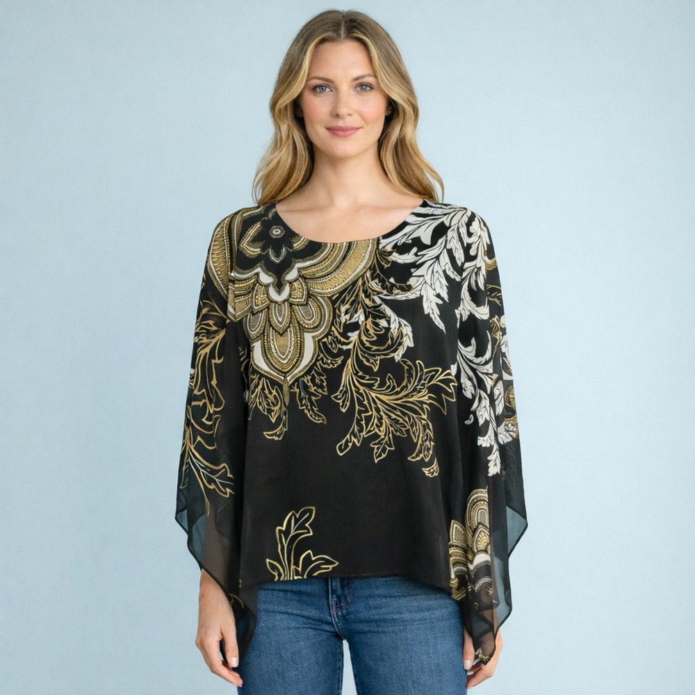 Chico's 3 Size XL Black Paisley Print Crew Scoop Neck Overlay Poncho Top Blouse - Picture 1 of 10